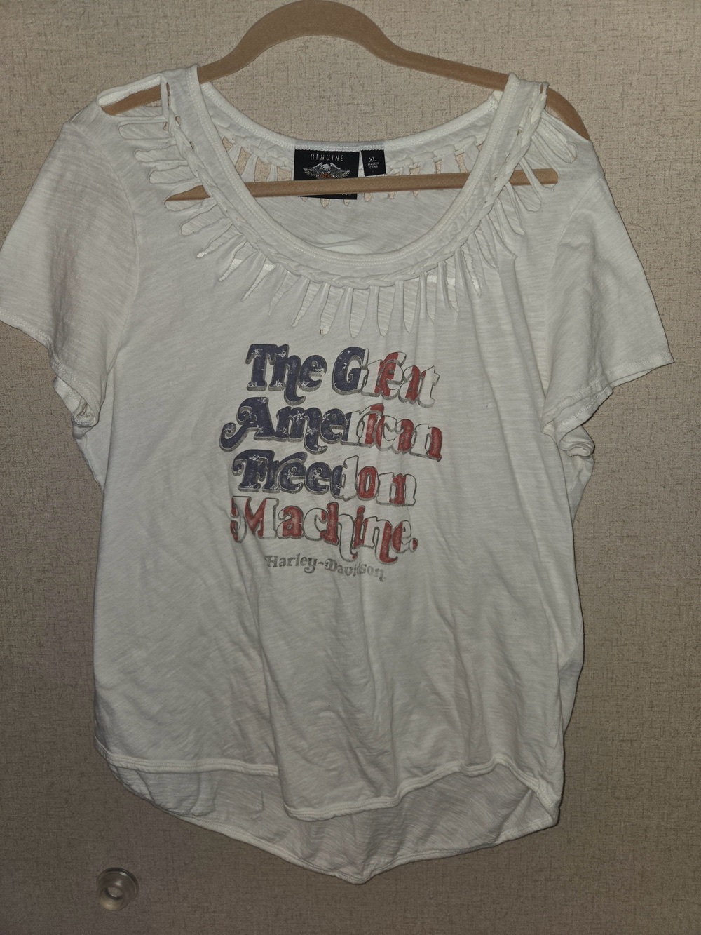 Harley-Davidson White Short Sleeve Flag Graphic Tee with Cutout Neck